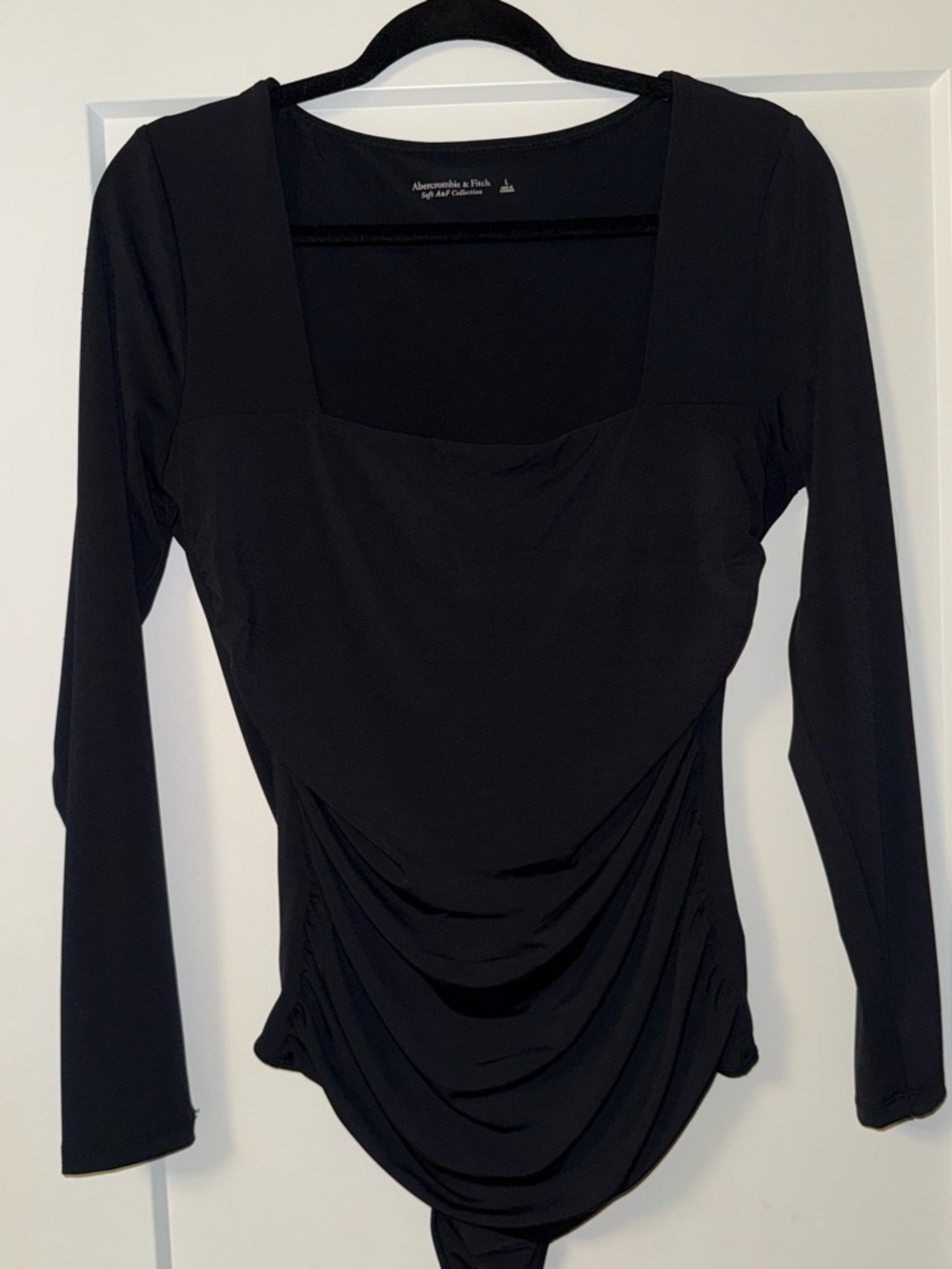 Abercrombie & Fitch Black Long-Sleeve Draped Square-Neck Bodysuit